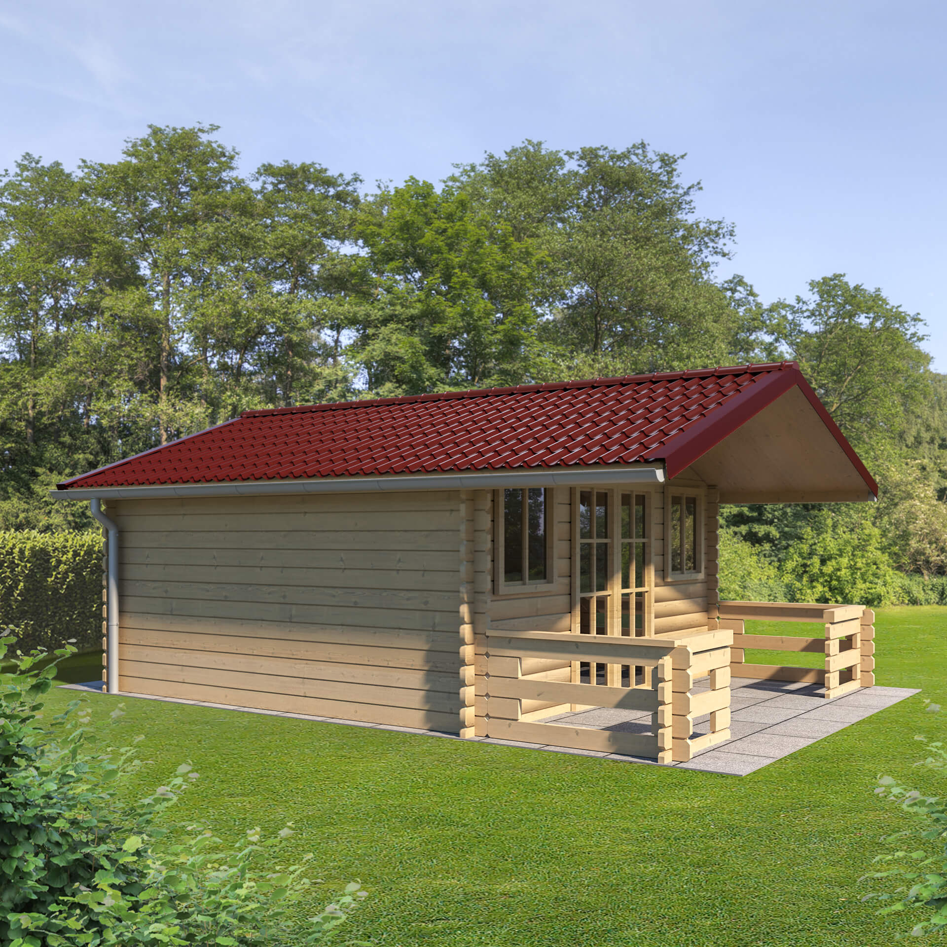 Ein Gartenhaus aus Holz mit einem weinroten Pfannenblechdach und einer kleinen Veranda.