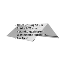 Firstblech flach | 145 x 145 x 2000 mm | 140° | Stahl 0,75 mm | 50 µm PURLAK® | 9006 - Weißaluminium #2