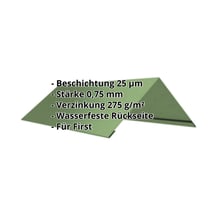 Firstblech flach | 200 x 200 x 2000 mm | 140° | Stahl 0,75 mm | 25 µm Polyester | 6011 - Resedagrün #2