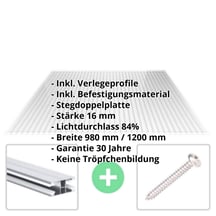 Acrylglas Stegdoppelplatte | 16 mm | Profil DUO | Sparpaket | Plattenbreite 980 mm | Klar | Breite 3,09 m | Länge 2,00 m #2