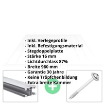 Acrylglas Stegdoppelplatte | 16 mm | Profil ECO | Sparpaket | Plattenbreite 980 mm | Klar | Breitkammer | Breite 3,05 m | Länge 2,00 m #2