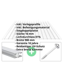 Polycarbonat Doppelstegplatte | 16 mm | Profil Mendiger | Sparpaket | Plattenbreite 980 mm | Klar | Breitkammer | Breite 3,09 m | Länge 2,00 m #2