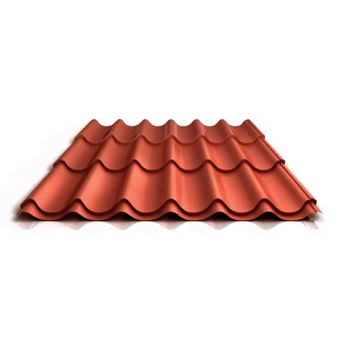 Dachblech in lebhafter Pfannenoptik und kupferbrauner Farbe, ideal für stilvolle Dacheindeckungen
