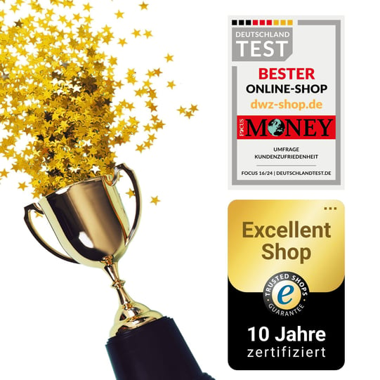 Trophäe mit Sternenregen, Deutschland Test Siegel, 10 Jahre Trusted Shops Zertifikat für herausragende Kundenzufriedenheit