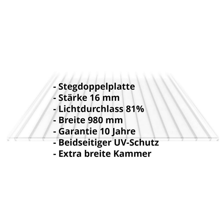 Polycarbonat Doppelstegplatte | 16 mm | Breite 980 mm | Klar | Beidseitiger UV-Schutz | Breitkammer | 5000 mm #2