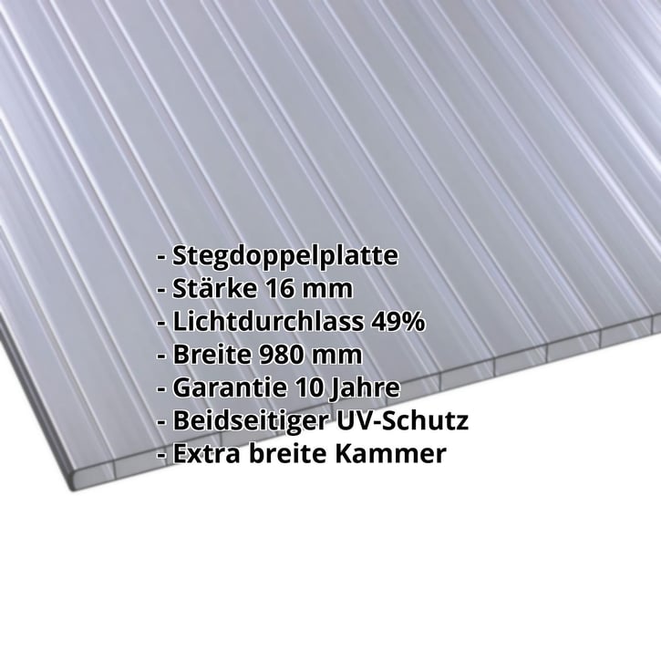 Polycarbonat Doppelstegplatte | 16 mm | Breite 980 mm | Graphit | Beidseitiger UV-Schutz | Breitkammer | 7000 mm #2