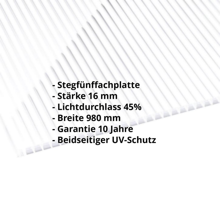 Polycarbonat Stegplatte | 16 mm | Breite 980 mm | Klar / Weiß gestreift | Beidseitiger UV-Schutz | 7000 mm #2