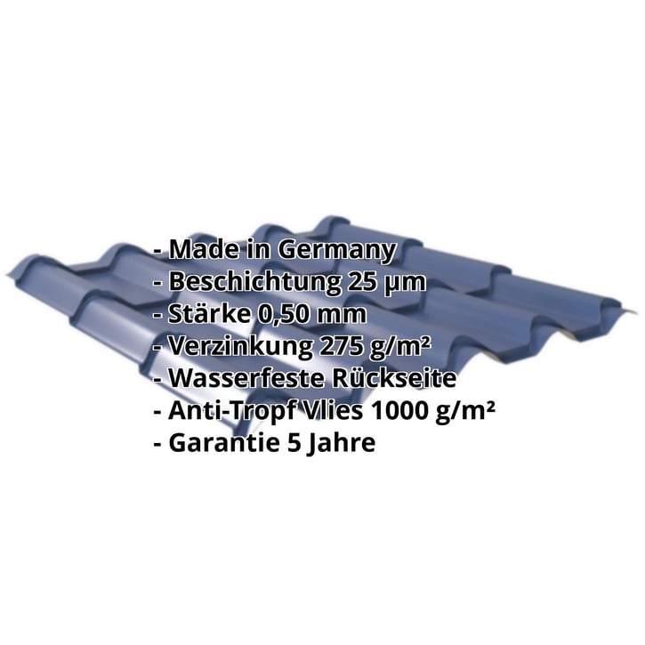 Pfannenblech EUROPA | Anti-Tropf 1000 g/m² | Stahl 0,50 mm | 25 µm Polyester | 5010 - Enzianblau #2