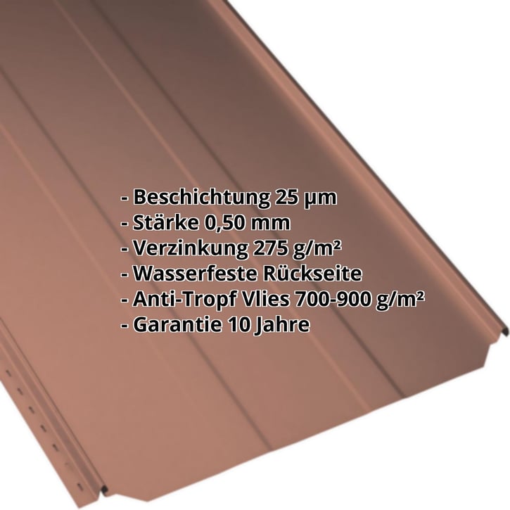 Stehfalzblech PD-510-S | Trapez | Anti-Tropf 700 g/m² | Stahl 0,50 mm | 35 µm Mattpolyester | 750 - Ziegelrot #2