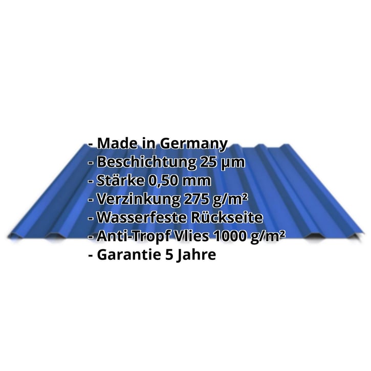 Trapezblech 20/1100 | Dach | Anti-Tropf 1000 g/m² | Stahl 0,50 mm | 25 µm Polyester | 5010 - Enzianblau #2