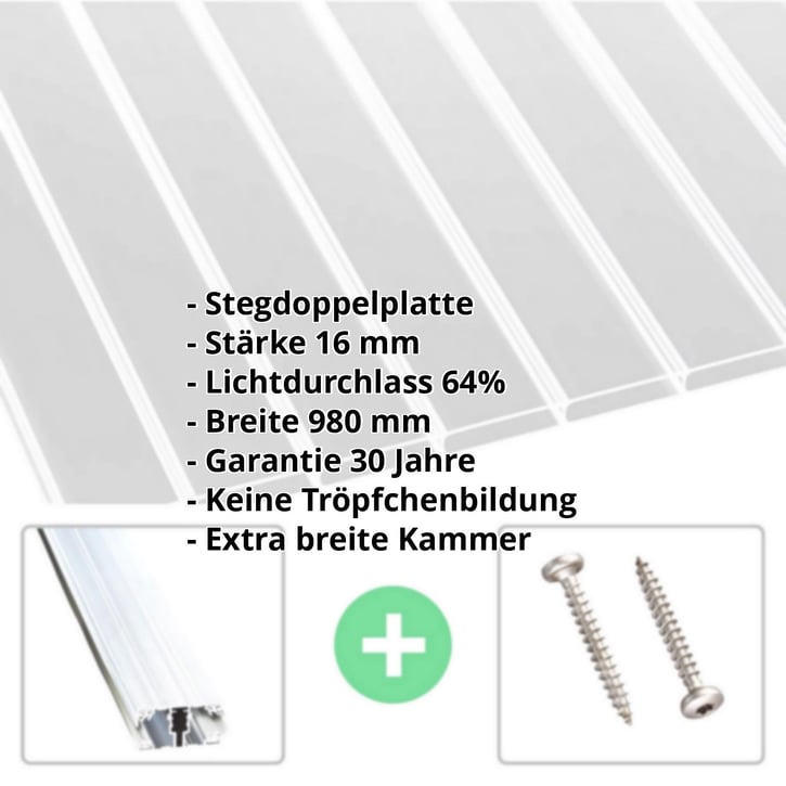 Acrylglas Stegdoppelplatte | 16 mm | Profil A1 | Sparpaket | Plattenbreite 980 mm | Klar | Breitkammer | Breite 3,08 m | Länge 2,00 m #2