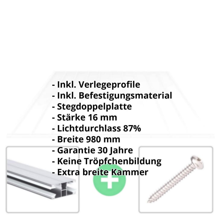 Acrylglas Stegdoppelplatte | 16 mm | Profil DUO | Sparpaket | Plattenbreite 980 mm | Klar | Breitkammer | Breite 3,09 m | Länge 2,00 m #2