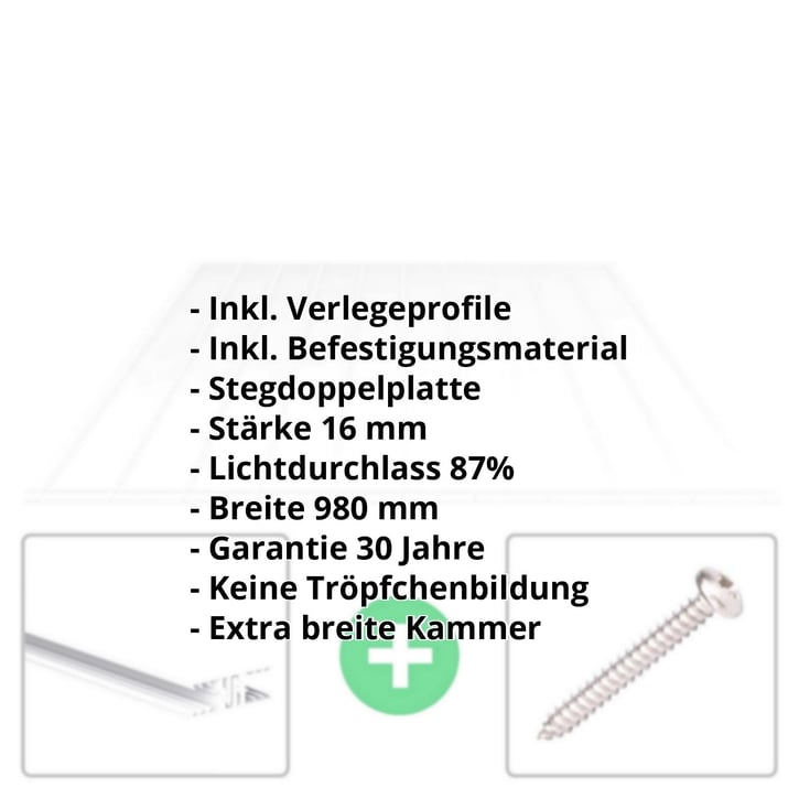 Acrylglas Stegdoppelplatte | 16 mm | Profil Zevener Sprosse | Sparpaket | Plattenbreite 980 mm | Klar | Breitkammer | Breite 3,13 m | Länge 2,00 m #2