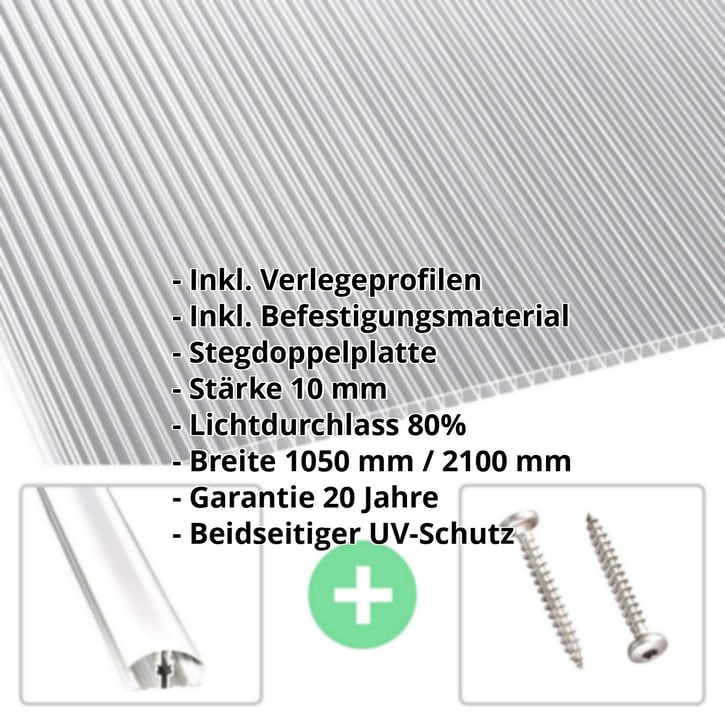 Polycarbonat Doppelstegplatte | 10 mm | Profil A4 | Sparpaket | Plattenbreite 1050 mm | Klar | Beids. UV-Schutz | Breite 3,30 m | Länge 2,00 m #2