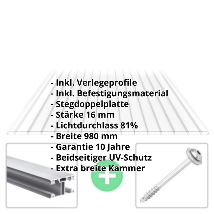 Polycarbonat Doppelstegplatte | 16 mm | Profil ECO | Sparpaket | Plattenbreite 980 mm | Klar | Breitkammer | Breite 3,05 m | Länge 2,00 m #2