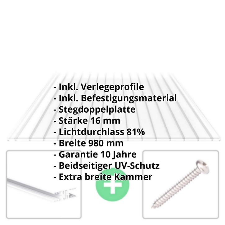 Polycarbonat Doppelstegplatte | 16 mm | Profil Zevener Sprosse | Sparpaket | Plattenbreite 980 mm | Klar | Breitkammer | Breite 3,13 m | Länge 2,00 m #2