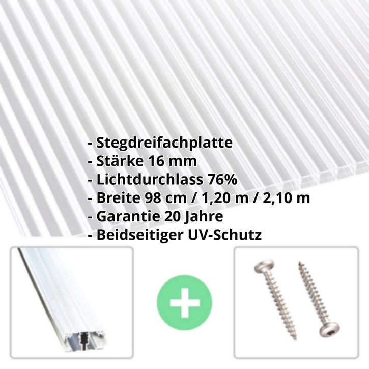 Polycarbonat Stegplatte | 16 mm | Profil A1 | Sparpaket | Plattenbreite 980 mm | Klar | Beidseit. UV-Schutz | Breite 3,08 m | Länge 2,0 #2