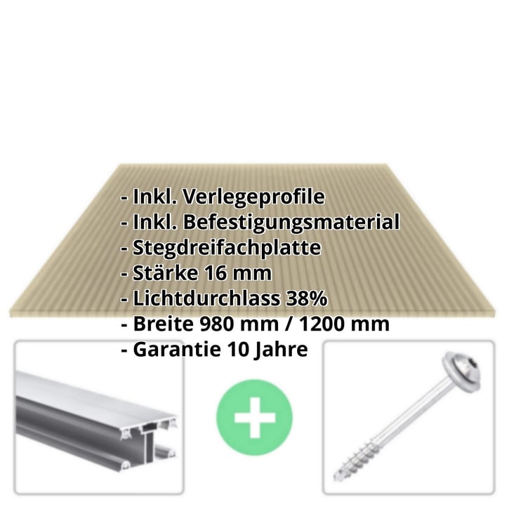 Polycarbonat Stegplatte | 16 mm | Profil ECO | Sparpaket | Plattenbreite 1200 mm | Bronze | Breite 3,71 m | Länge 2,00 m #2