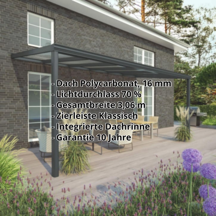 Terrassenüberdachung | Schneelastzone 1 | RAL 7016 | Platte Klar | Leiste Klassisch | Breite 3,06 m | Tiefe 3,50 m #2