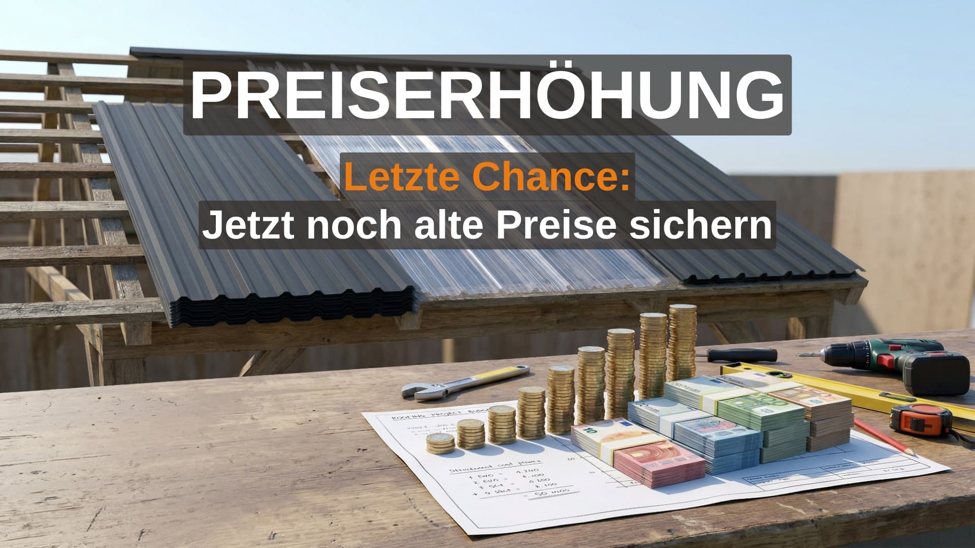 Dachbleche auf einer Baustelle mit gestapelten Münzen als Symbol für steigende Preise – Letzte Chance: Jetzt noch alte Preise sichern.